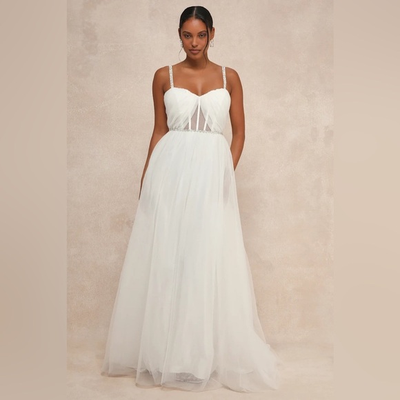 Lulus Glittering Romance White Rhinestone Tulle Bustier Wedding Dress - Picture 1 of 5